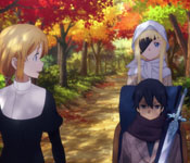 alice and selka walking with kirito in the woods